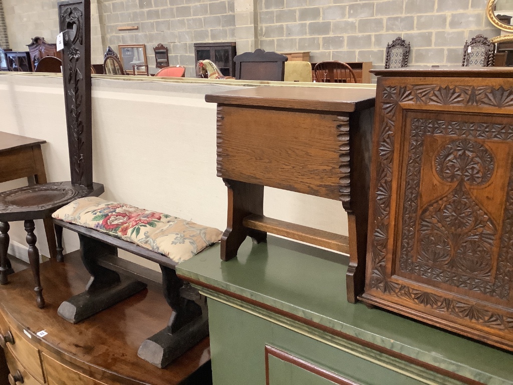 A carved spinning stool, a chip carved cupboard and two further stools